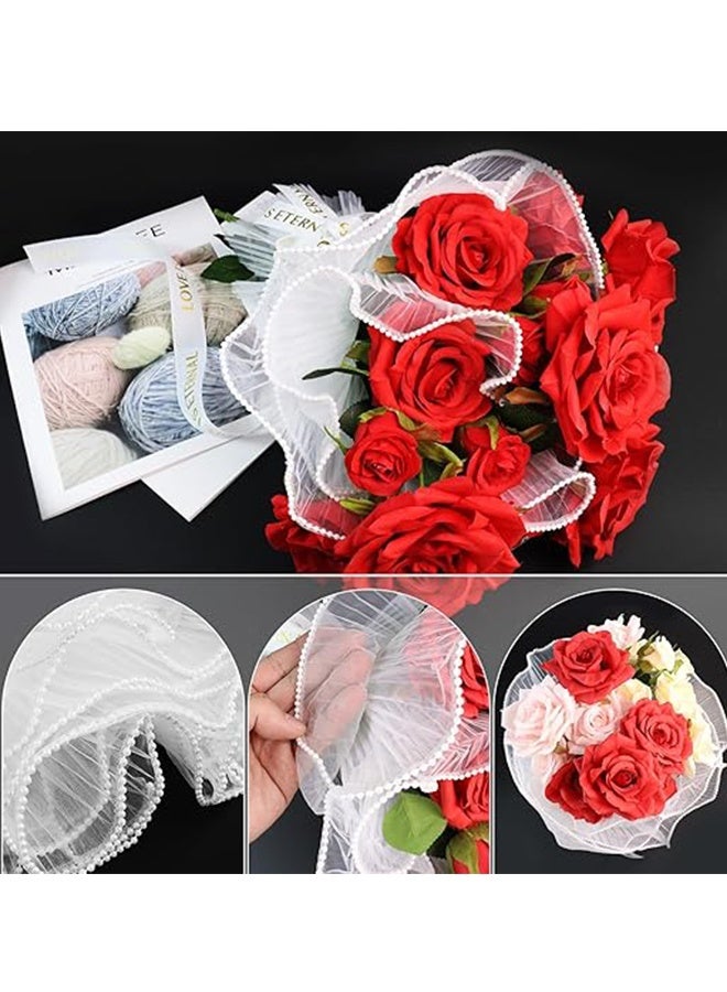 Happy D 4 Yards 28cm White Bouquet Wrapping Mesh Paper Pearl Edge Wrinkled Wavy Net Yarn Flower Wrapping Paper for DIY Crafts Valentine's Day Mother's Day Wedding Florist Supplies - Image 5